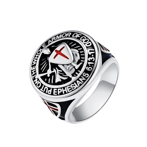 Knights Templar shield cross ring in vintage steel with Armor of God engraving
