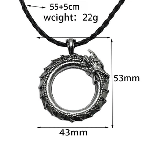 Detailed size chart of vintage Viking Ouroboros dragon pendant with black woven rope
