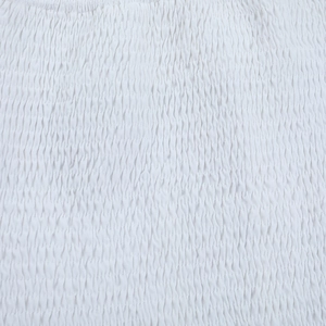 Macro view of white smocked fabric details and elastic stitching on a slim-fit T-shirt