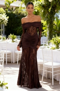 Detail of elegant off-shoulder dark brown lace evening gown with ruched silk waist