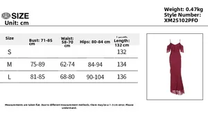 Detailed size chart for off-shoulder backless party dress in burgundy with measurements