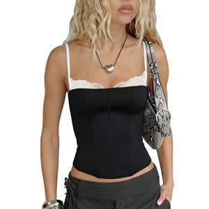 Close-up of contrast black corset top featuring delicate white eyelash lace detailing