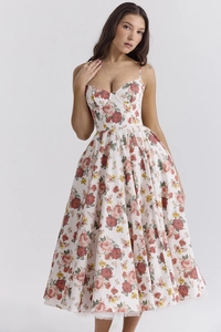 French vintage floral sundress with rose patterns and corset bodice design