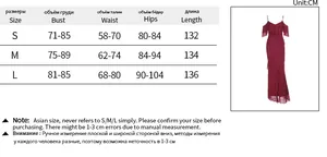 Size chart for off-shoulder A-line dress with detailed bust, waist, and hip measurements