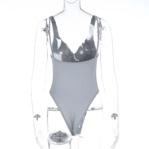 Front view of a grey slim fit backless bodysuit on a transparent mannequin