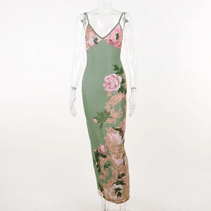 Detail of green A-line dress with pink peony floral and golden baroque print patterns