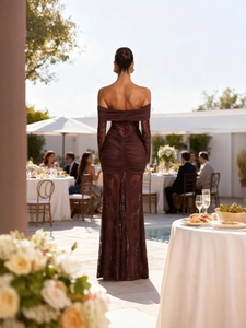 Slim fit dark brown off-shoulder evening gown with lace details and floor-length hem