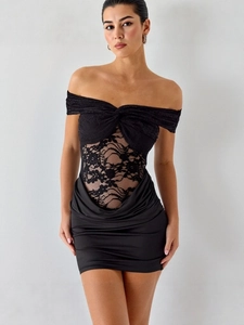 Women Sexy Off Shoulder Lace Patchwork Ruched Mini Dress Black Knot Front Bodycon Party Evening Dress Summer Clubwear