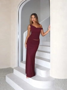 Femme Sexy Épaule Dénudée Crop Top Froncé Et Jupe Maxi Fente Haute Rouge Vin Élégant Banquet Fête Jupe Moulante Tenue