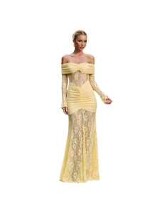 Elegant off-shoulder yellow lace long evening gown with floral patterns and mermaid silhouette