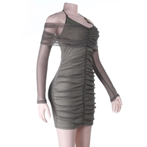 Detail of glitter fabric texture and mesh sleeves on this dark grey ruched party dress