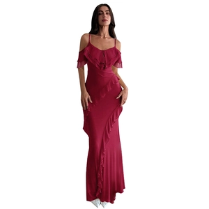 Detail of burgundy off-shoulder evening gown featuring ruffled neckline and satin finish