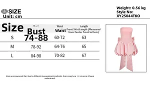 Detailed size chart for pink strapless bow dress with bust and waist measurements