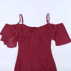 Detail of wine red cold shoulder dress with spaghetti straps and layered ruffles