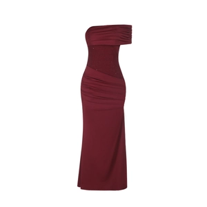 Detail of burgundy off-shoulder evening dress with pleated bodice and sequin waist