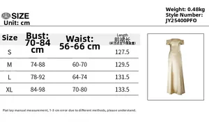 Detailed size chart for elegant strapless champagne satin A-line dress for women