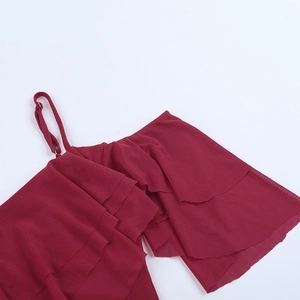 Detail of burgundy off-shoulder dress with ruffled sleeves and thin spaghetti straps