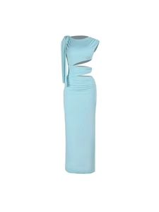 Robe moulante bleu clair à une épaule avec découpe latérale et détail drapé