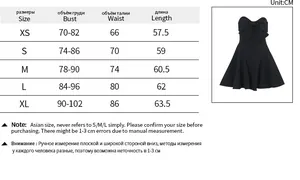 Size chart table with measurements in CM for the strapless A-line dress with bow detail