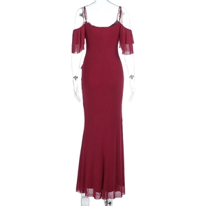 Rear view detail of dark red evening gown with thin straps and ruffled off-shoulder sleeves