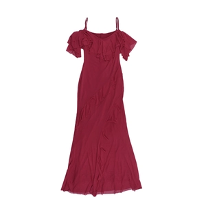 Detail of wine red off-shoulder gown with ruffled trim and sleek A-line silhouette