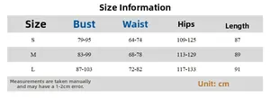 Size chart with measurements for the V-neck backless printed halter dress in sizes S to L