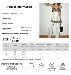 Size chart showing S M L measurements for the apricot lace camisole top and fabric info