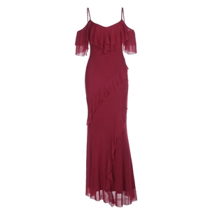 Detail of burgundy off-shoulder tiered ruffle chiffon dress with elegant spaghetti straps