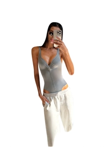 Slim fit grey backless bodysuit with zipper detail and long sleeves for women
