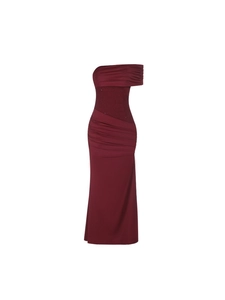 Elegant wine red strapless evening gown with pleated bodice and sparkly sequin waist detail
