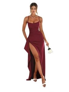 Elegant wine red off-shoulder long dress with high slit and gathered waist design