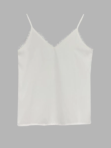 White V-neck satin camisole with delicate eyelash lace trim and thin shoulder straps