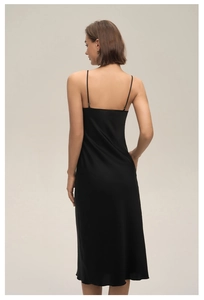 Detail of the back of a black satin midi slip dress with thin adjustable straps