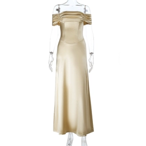 Detail of champagne gold satin off-shoulder neckline with elegant horizontal pleats