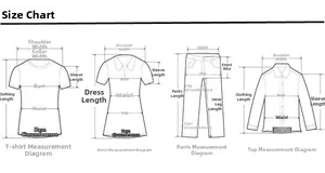 Detailed sizing guide showing measurement diagrams for tops, dresses, and trousers