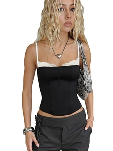 Women's backless halter top with white lace trim and corset design in black fabric