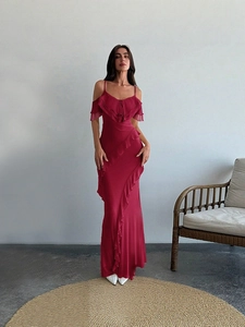Elegant Burgundy Polyester Off Shoulder Ruffle Maxi Dress Sexy Backless Slim Fit Evening Party Prom Dress For Women