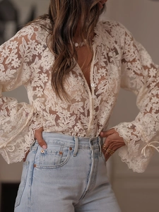 Elegant off-white lace long sleeve blouse with hollow out embroidery and drawstring cuffs