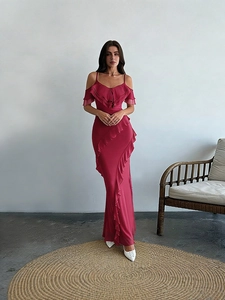 Elegant rose red off-shoulder evening gown with layered ruffles and bodycon silhouette
