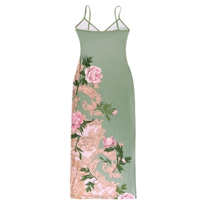 Detail of sage green dress featuring pink peony floral and golden baroque patterns