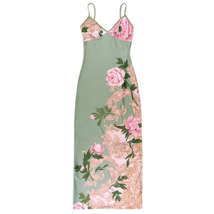 Detailed flat lay of floral A-line dress with spaghetti straps and pink flowers