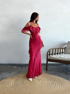 Elegant off-the-shoulder dark red A-line party dress with tiered ruffles and open back