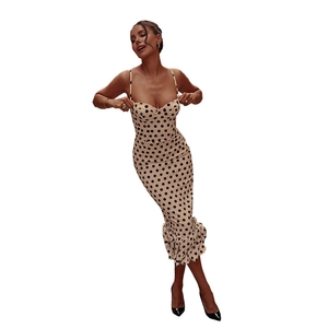 Close-up of beige polka dot slim fit dress with heart-shaped neckline and ruffle hem detail