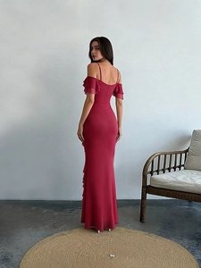 Elegant wine red off-shoulder floor-length evening gown with ruffled sleeves and open back