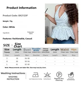 Size chart detail for white polka dot v-neck halter top with ruffled hem design