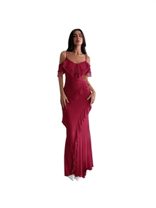Elegant wine red off-shoulder gown with ruffled tiers and thin straps on a full body model