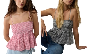 Detail of smocked plaid crop top featuring adjustable straps and peplum hem design