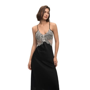 Nuisette longue en satin noir pour femme avec dentelle florale blanche et fines bretelles