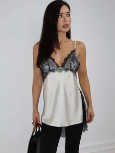 Elegant slim fit camisole with white satin fabric and black lace trim for women