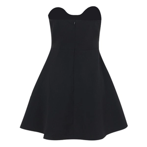 Close-up of a black off-the-shoulder A-line mini dress with a hidden back zipper